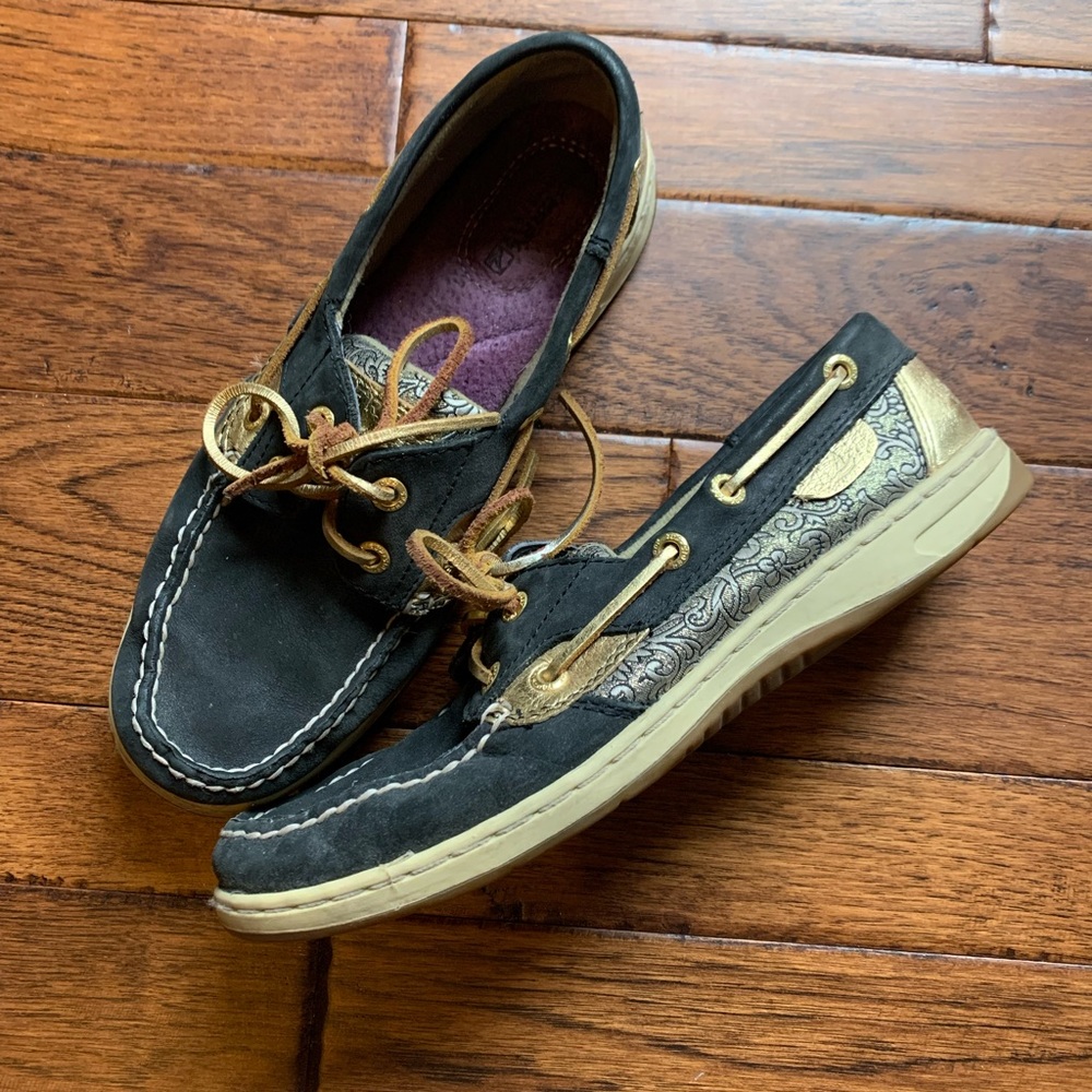 Sperry Topsider Black & Gold Boat Shoes Size 7